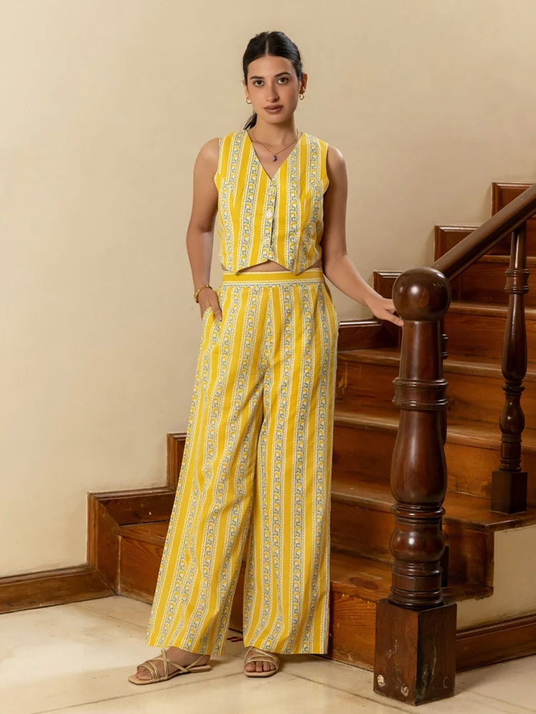 FIORRA Women s Yellow Cotton Printed Co-ord Set